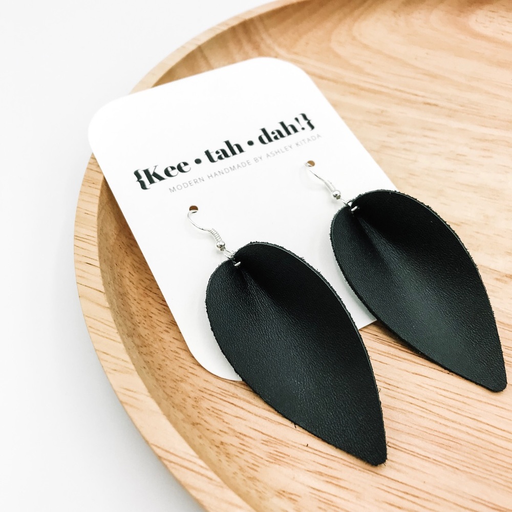 Black Leather Earrings Folded Leaf